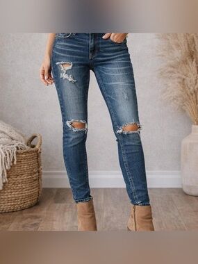 Vigoss Blue Midrise Distressed Marley Skinny Jeans 25 Stretch Comfort Denim